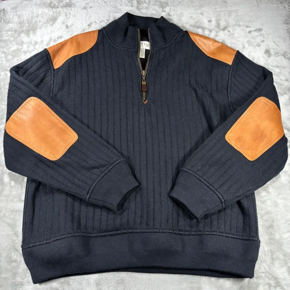 Orvis Mens Navy Blue Wool Blend Ribbed 1/4 Zip Sweater Leather Patches XL 9K3G